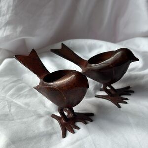 Set of 2 Cast Iron Bird Votive Tealight Candle Holders Brown Rustic India Heavy